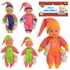 Кукла 9008 Женечка, мякоть, собачка, бутылочка, 4 вида, муз., кул., 14-32-6 см.