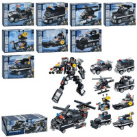 Конструктор BB058 полиция, транспорт, от 84дет., кор., 8в2 (робот, вертолет), 8шт/уп
