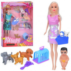 Кукла HBX66 пупс, животные 4 шт., переноска, сумка, расческа, 2 вида, кор., 22-32,5-5 см.