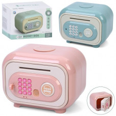 Копилка MK 5727 сейф с кодом, 9-14-13см, ключ,затягивает купюры,музыка,звук,2 цвета,на бат.,в корр.