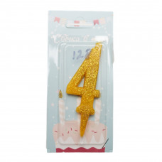 Свеча цифра №4 (золото) желтая сверкающая код 128